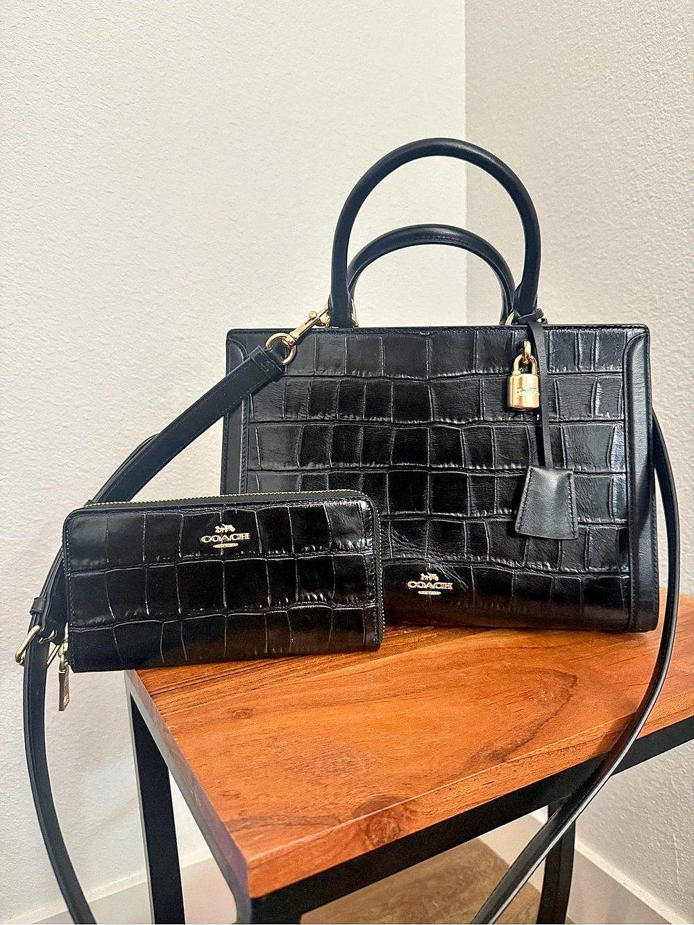 Coach Carryall Crocodile-Effect Satchel in Black